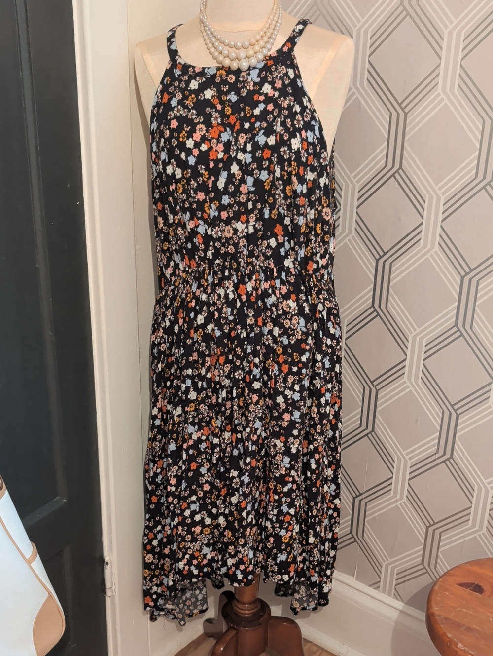Torrid Black Floral Halter Dress with Pink and Yellow Accents